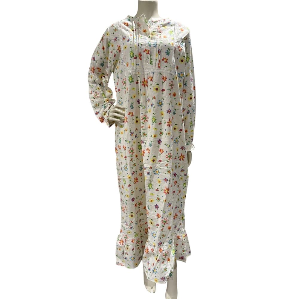 Women Colorful Floral Flannel Long Sleeve Nightgown Sz S 100% Cotton Cottagecore